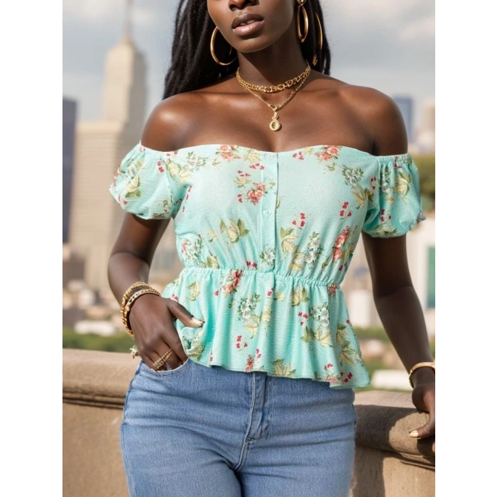 Kadın Kısa Kollu Madonna Yaka çiçek Desenli Düğme Detay Gipeli üprem Kumaş Bluz