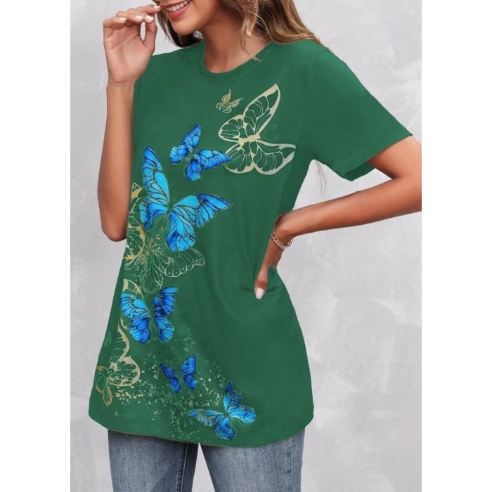 Kadın Kısa Kollu Mavi Sarı Kelebek Baskı Süprem Tshirt