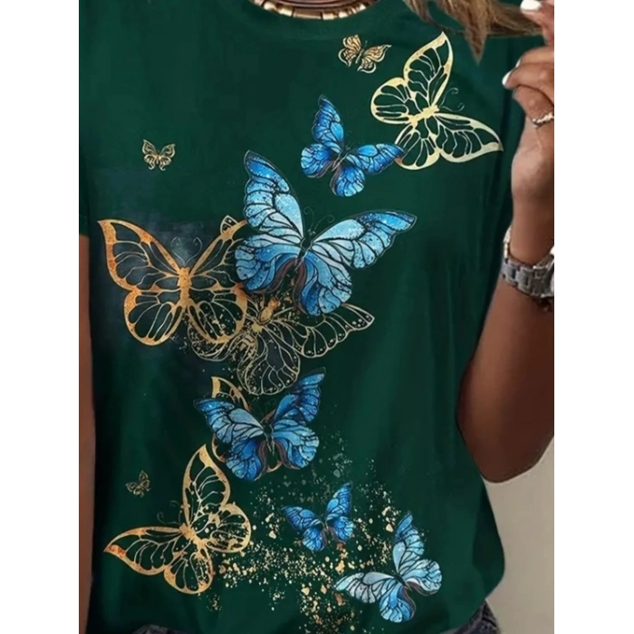 Kadın Kısa Kollu Mavi Sarı Kelebek Baskı Süprem Tshirt