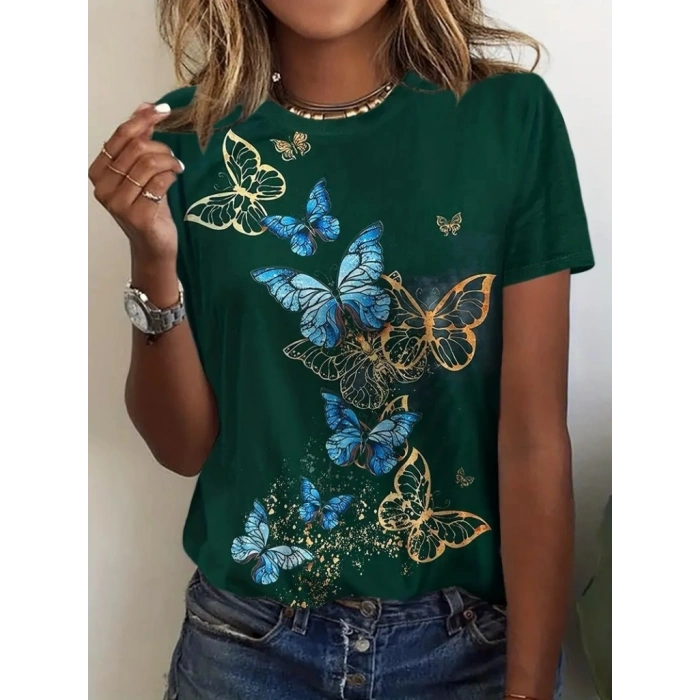 Kadın Kısa Kollu Mavi Sarı Kelebek Baskı Süprem Tshirt