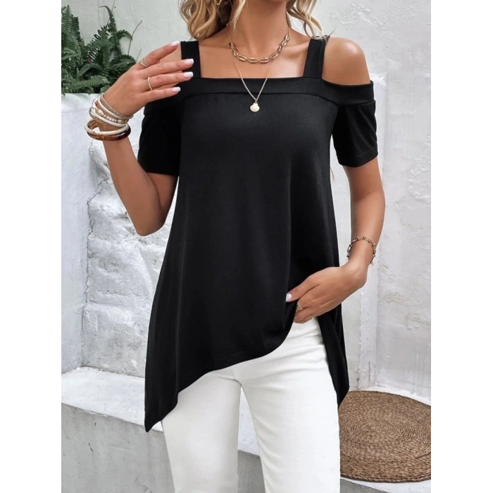Kadın Kısa Kollu Omuzlardan Açık Askılı Asimetrik Kesim Viskon Bluz