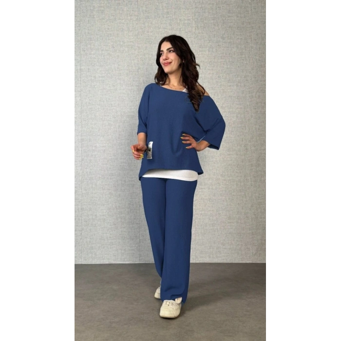 Kadın Kısa Kollu Omuzlardan Açık Yarasa Kollu Bürümcük Bluz Ve Pantolon Ve Viskon Atlet