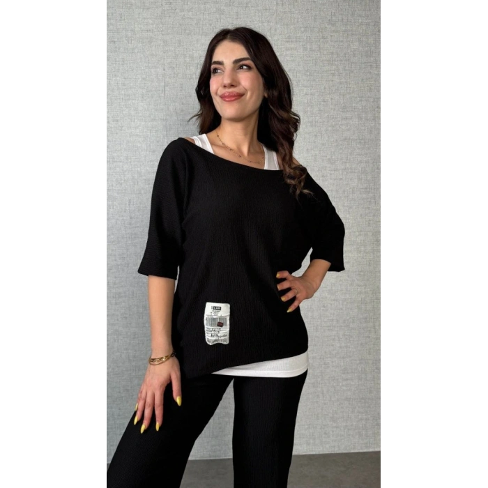 Kadın Kısa Kollu Omuzlardan Açık Yarasa Kollu Bürümcük Bluz Ve Pantolon Ve Viskon Atlet