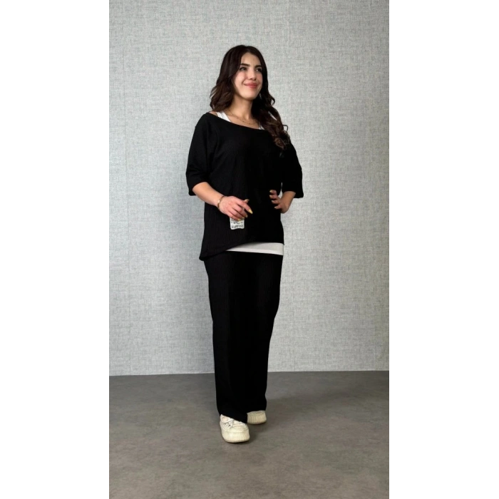 Kadın Kısa Kollu Omuzlardan Açık Yarasa Kollu Bürümcük Bluz Ve Pantolon Ve Viskon Atlet