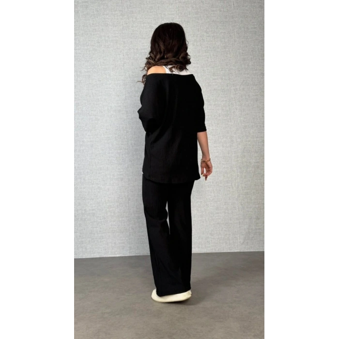 Kadın Kısa Kollu Omuzlardan Açık Yarasa Kollu Bürümcük Bluz Ve Pantolon Ve Viskon Atlet