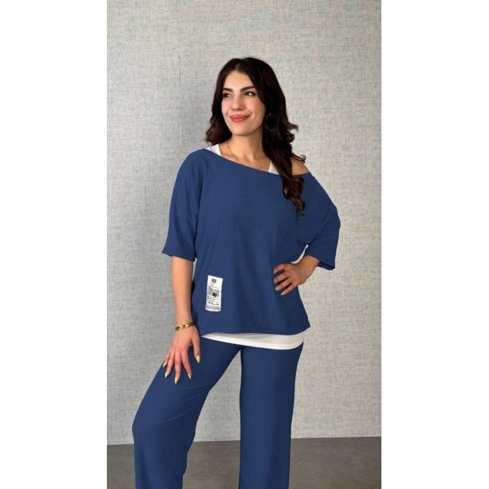 Kadın Kısa Kollu Omuzlardan Açık Yarasa Kollu Bürümcük Bluz Ve Pantolon Ve Viskon Atlet