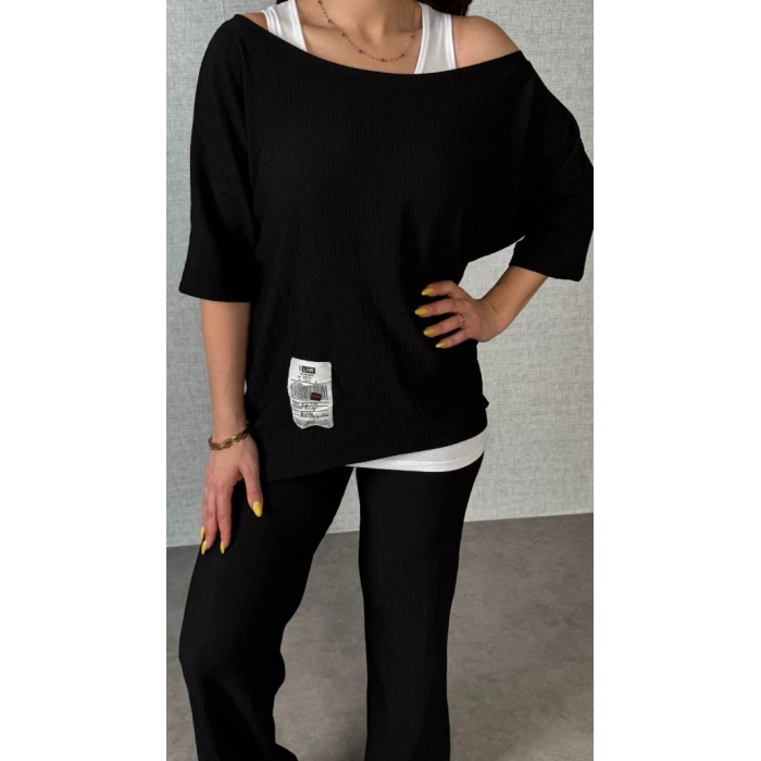 Kadın Kısa Kollu Omuzlardan Açık Yarasa Kollu Bürümcük Bluz Ve Pantolon Ve Viskon Atlet