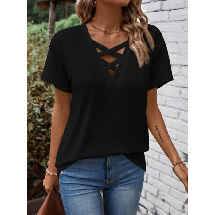 Kadın Kısa Kollu önden çapraz Detay V Yakalı Viskon Bluz