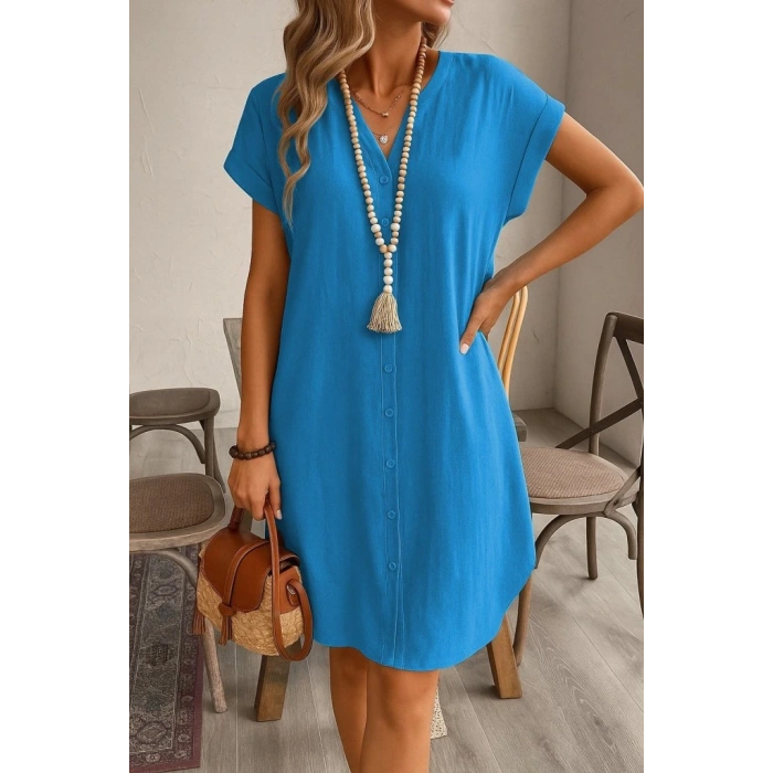 Kadın Kısa Kollu önden Düğmeli Ithal Keten Elbise