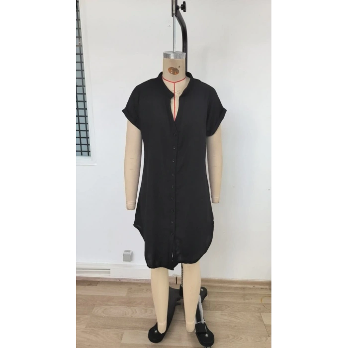 Kadın Kısa Kollu önden Düğmeli Ithal Keten Elbise