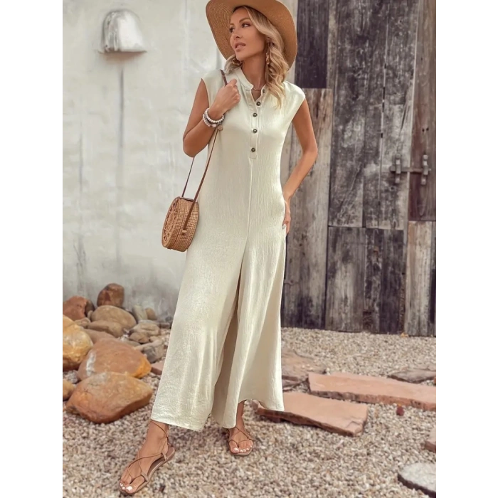 Kadın Kısa Kollu önden Düğmeli Paçaya Doğru Geniş Cepli Uzun Bürümcük Tulum