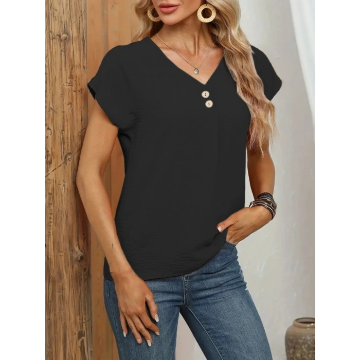 Kadın Kısa Kollu önü Düğmeli V Yaka Aerobin Bluz
