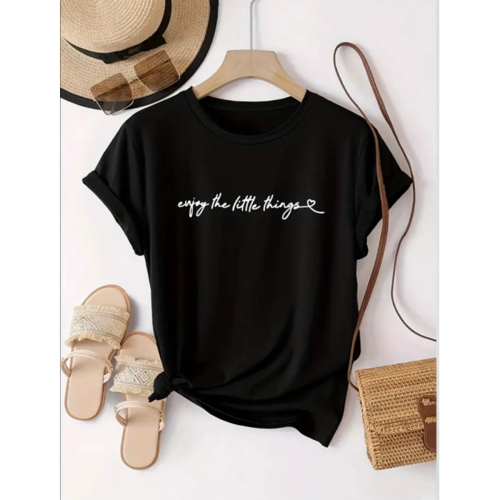 Kadın Kısa Kollu önü Yazı Baskılı Basic Süprem Bluz