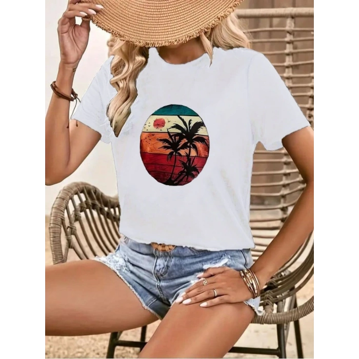 Kadın Kısa Kollu Palmiye Baskılı Viskon Tshirt