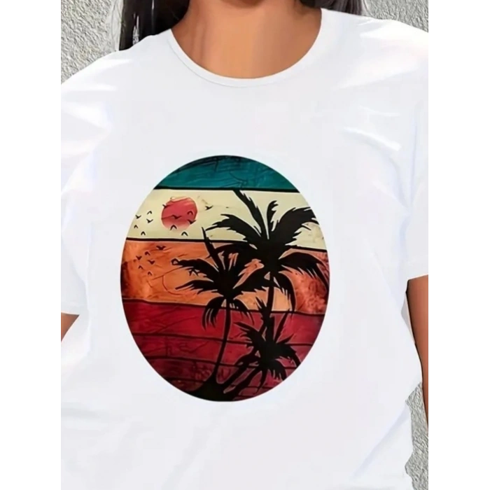 Kadın Kısa Kollu Palmiye Baskılı Viskon Tshirt