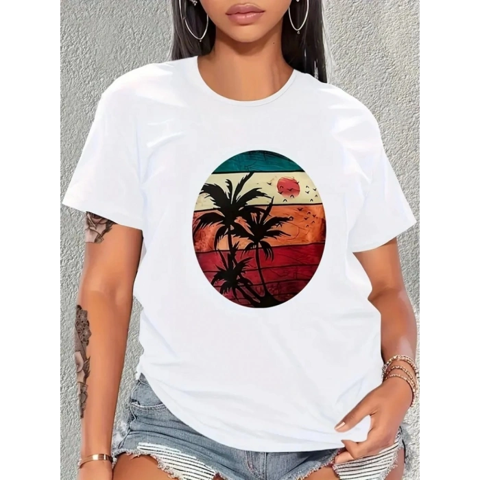 Kadın Kısa Kollu Palmiye Baskılı Viskon Tshirt