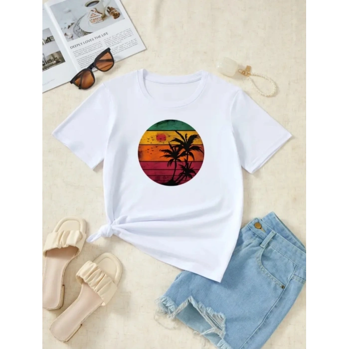 Kadın Kısa Kollu Palmiye Baskılı Viskon Tshirt