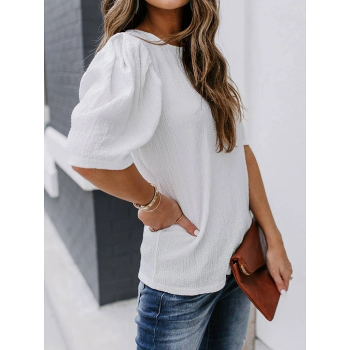 Kadın Kısa Kollu Pileli Balon Kol Bürümcük Bluz