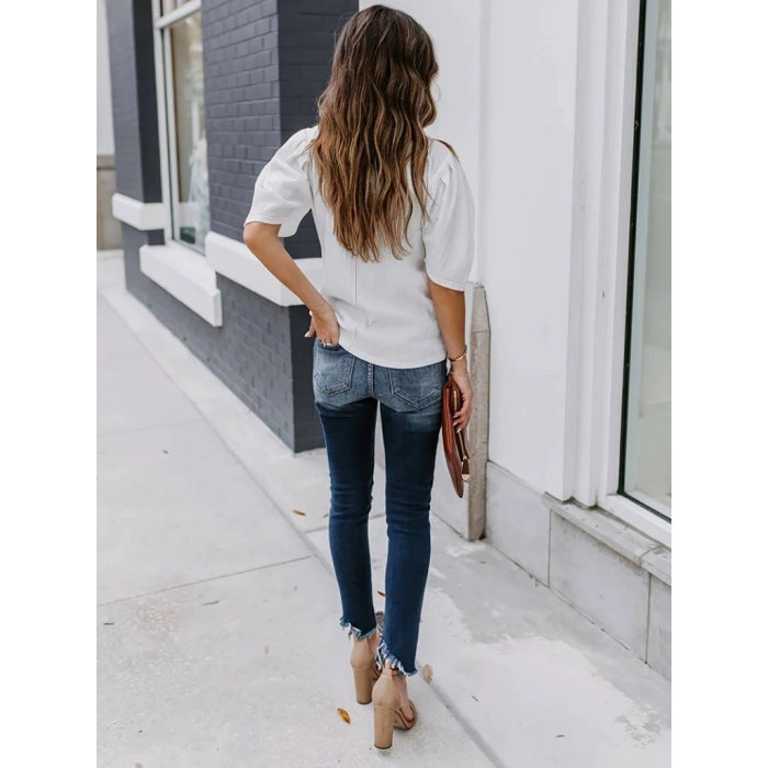 Kadın Kısa Kollu Pileli Balon Kol Bürümcük Bluz