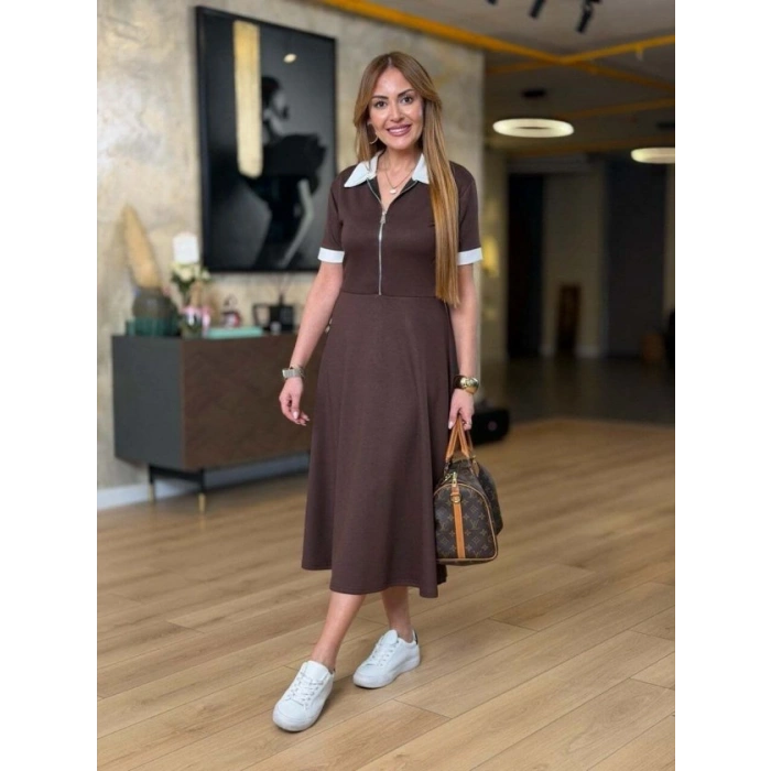 Kadın Kısa Kollu Ribana Ve Fermuar Detay idi Boy Elbise