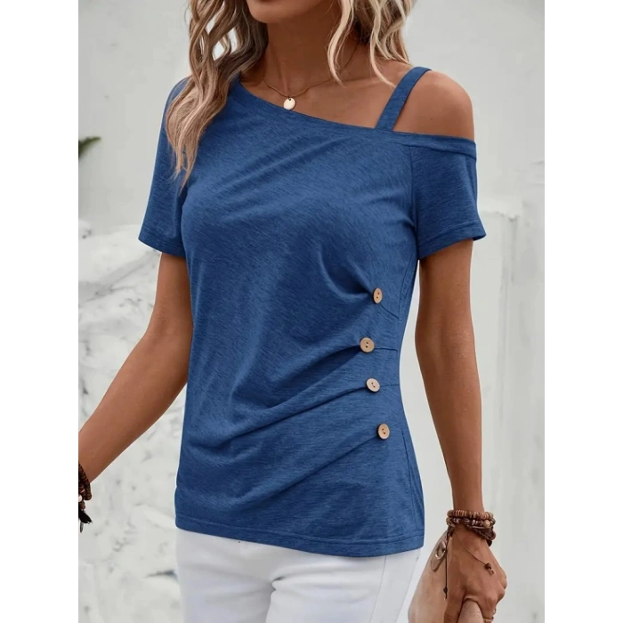 Kadın Kısa Kollu Tek Tarafı Askılı Düşük Omuzlu Düğme Detay Viskon Bluz