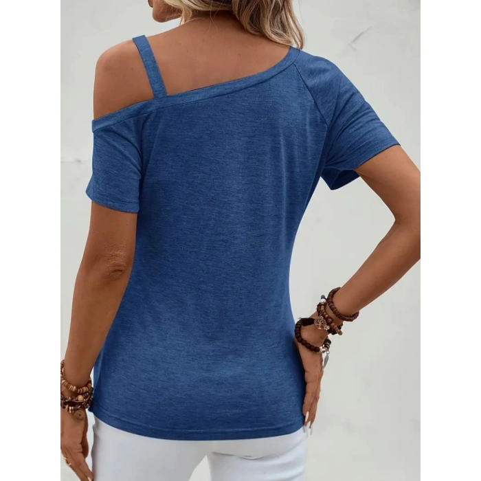 Kadın Kısa Kollu Tek Tarafı Askılı Düşük Omuzlu Düğme Detay Viskon Bluz