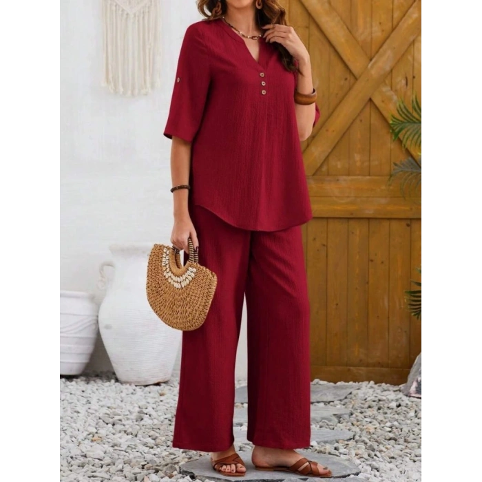 Kadın Kısa Kollu V Hakim Yaka Düğmeli Bürümcük Bluz Ve Pantolon Ikili Takım