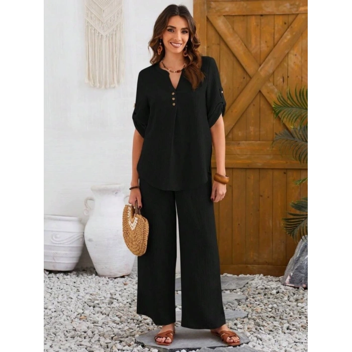Kadın Kısa Kollu V Hakim Yaka Düğmeli Bürümcük Bluz Ve Pantolon Ikili Takım