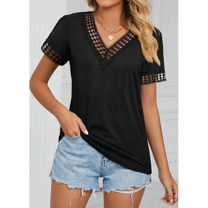 Kadın Kısa Kollu V Yaka Dantel Yakalı Viskon Bluz