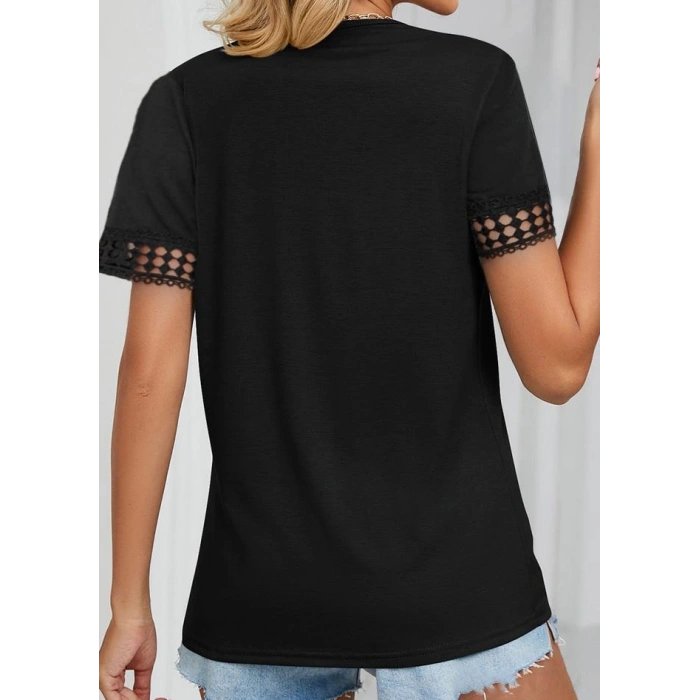 Kadın Kısa Kollu V Yaka Dantel Yakalı Viskon Bluz