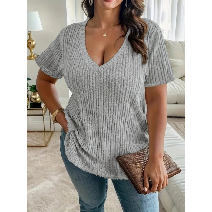 Kadın Kısa Kollu V Yaka Fitilli Kaşkorse Bluz