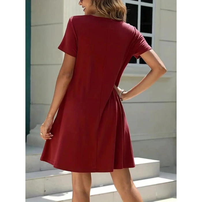 Kadın Kısa Kollu V Yaka önü Düğmeli Viskon Elbise