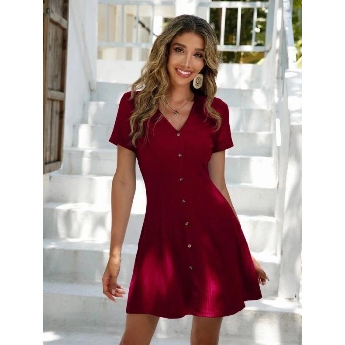 Kadın Kısa Kollu V Yaka önü Düğmeli Viskon Elbise