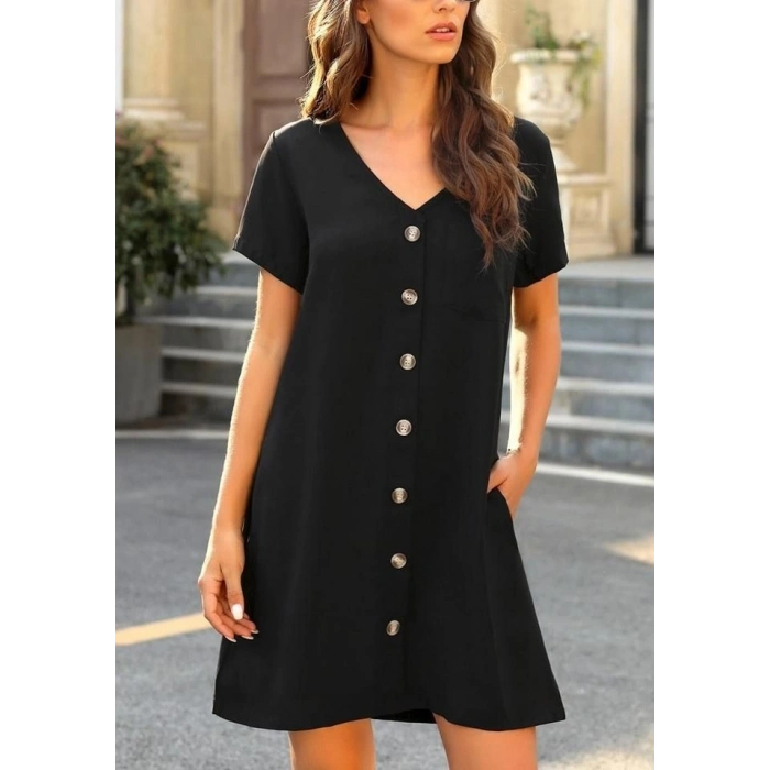 Kadın Kısa Kollu V Yaka önü Düğmeli Viskon Elbise