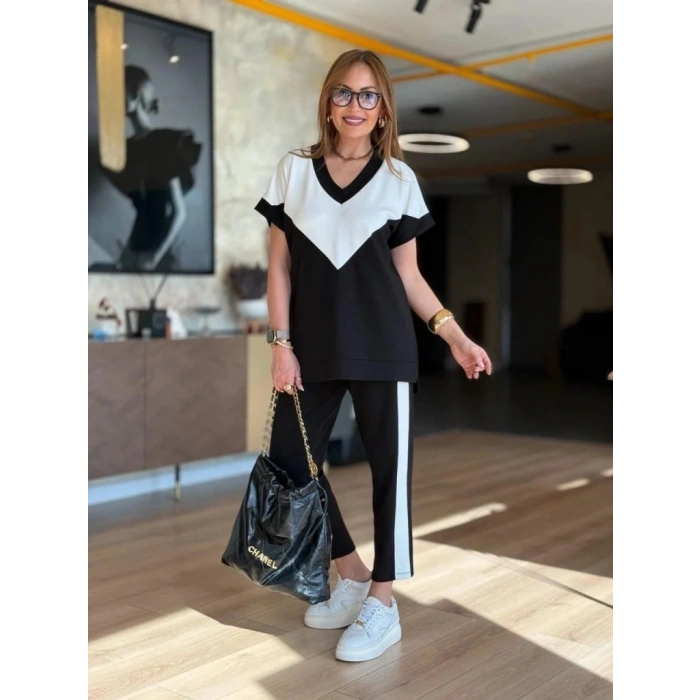 Kadın Kısa Kollu V Yaka Siyah Beyaz Renkli Viskon Iki Iplik Kumaş Eşofman Takımı