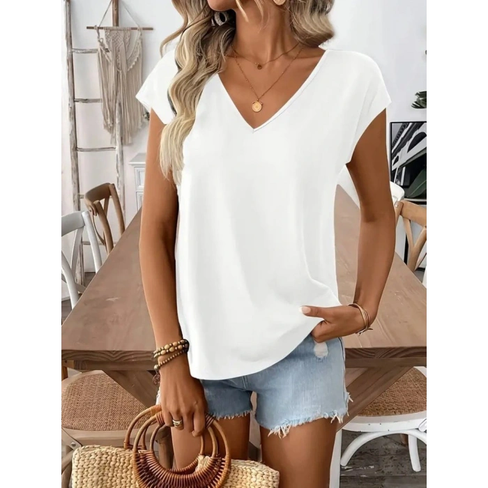 Kadın Kısa Kollu V Yakalı Arkadan Kurdele Detaylı Viskon Bluz