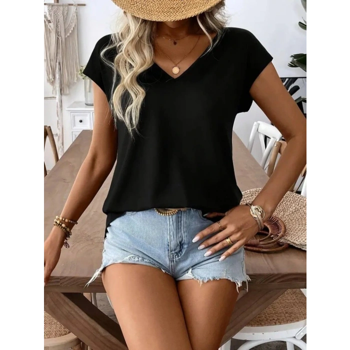 Kadın Kısa Kollu V Yakalı Arkadan Kurdele Detaylı Viskon Bluz