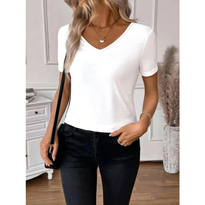 Kadın Kısa Kollu V Yakalı Arkası Dantelli Viskon Bluz