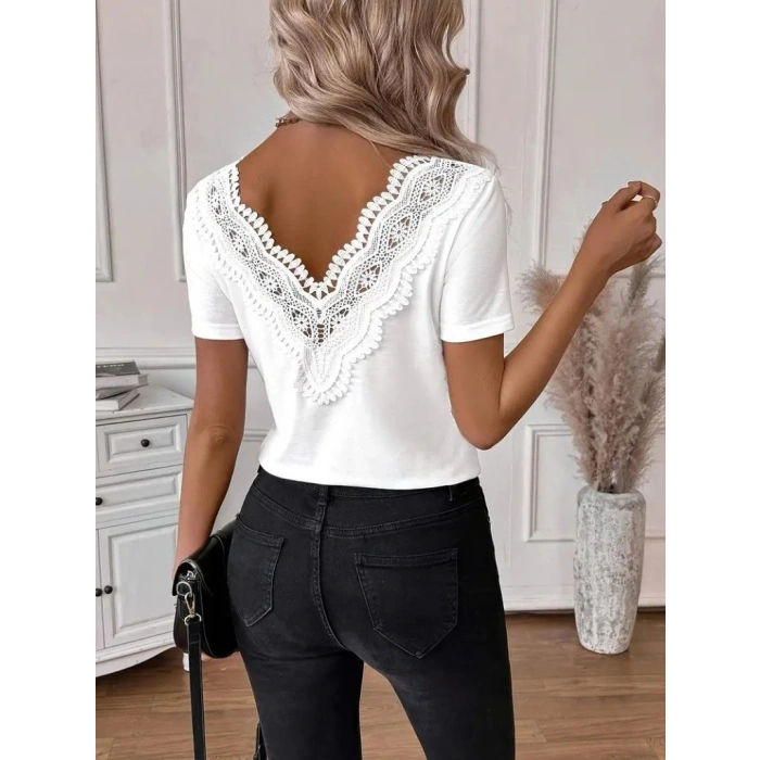 Kadın Kısa Kollu V Yakalı Arkası Dantelli Viskon Bluz