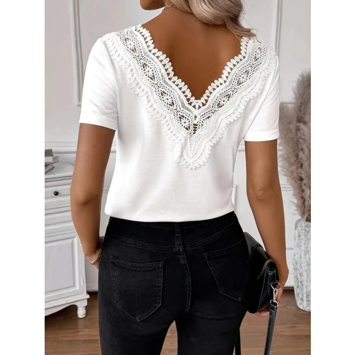 Kadın Kısa Kollu V Yakalı Arkası Dantelli Viskon Bluz