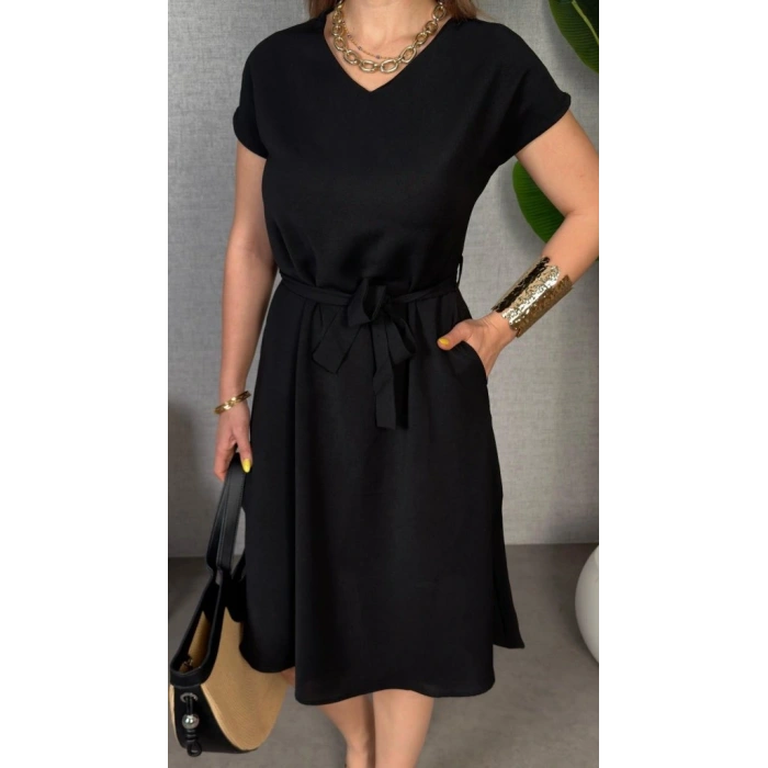 Kadın Kısa Kollu V Yakalı Beli Kuşaklı Ithal Keten Elbise