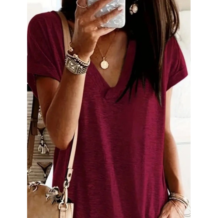 Kadın Kısa Kollu V Yakalı Cepli Kısa Viskon Elbise