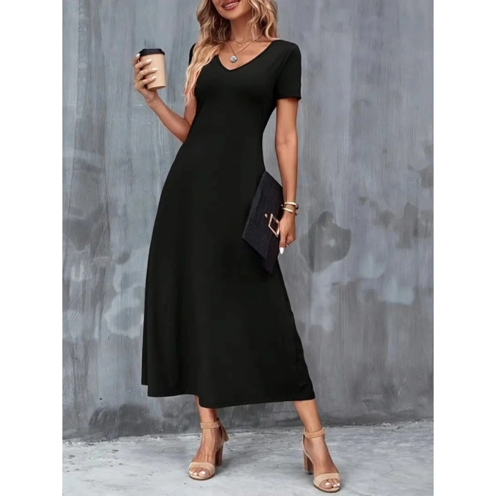 Kadın Kısa Kollu V Yakalı Cepli Viskon Elbise