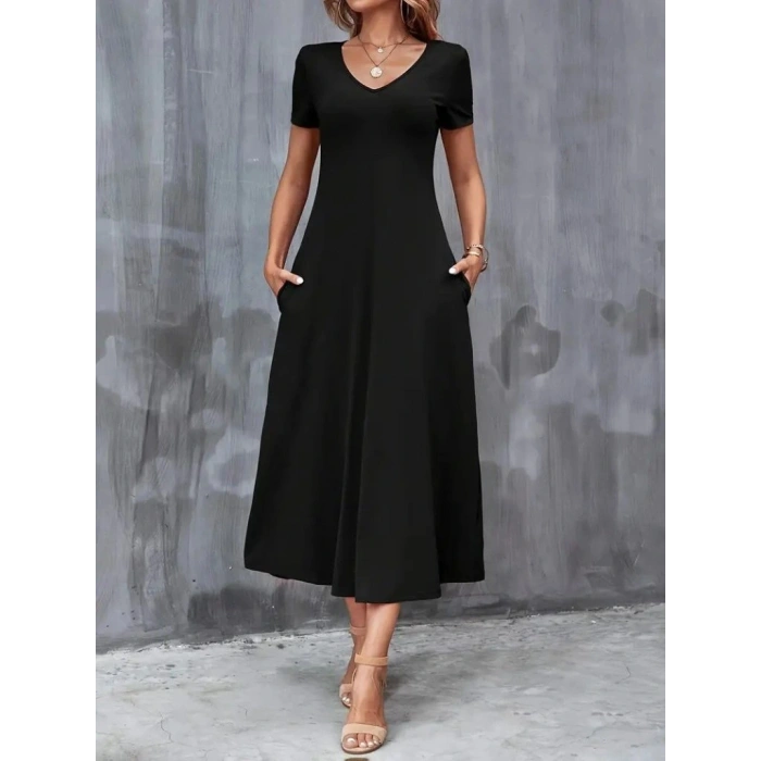 Kadın Kısa Kollu V Yakalı Cepli Viskon Elbise