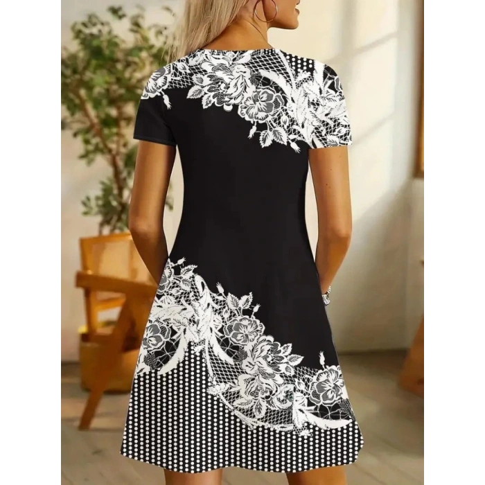 Kadın Kısa Kollu V Yakalı çiçek Baskılı Süprem Elbise