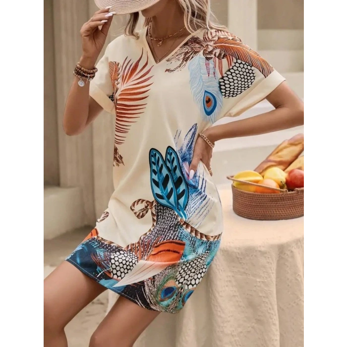 Kadın Kısa Kollu V Yakalı Desenli Mini Atlas Elbise