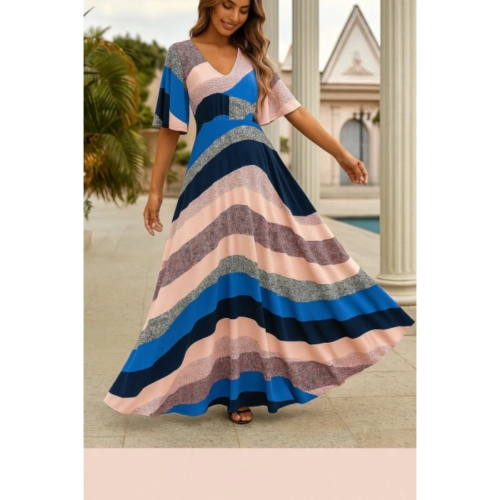 Kadın Kısa Kollu V Yakalı Desenli Süprem Elbise