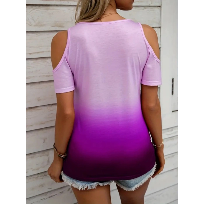 Kadın Kısa Kollu V Yakalı Iki Omuzu Açık Baskılı Süprem Bluz