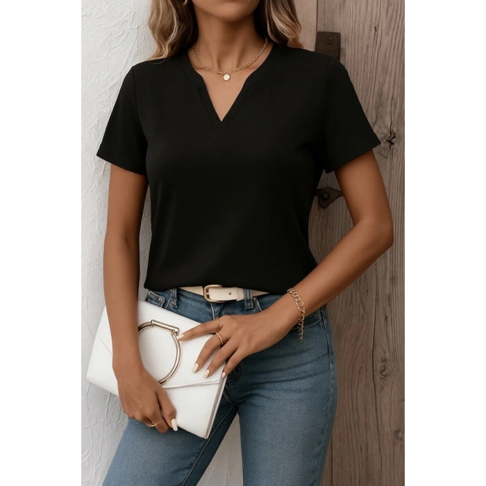 Kadın Kısa Kollu V Yakalı Ithal Krep Elbise