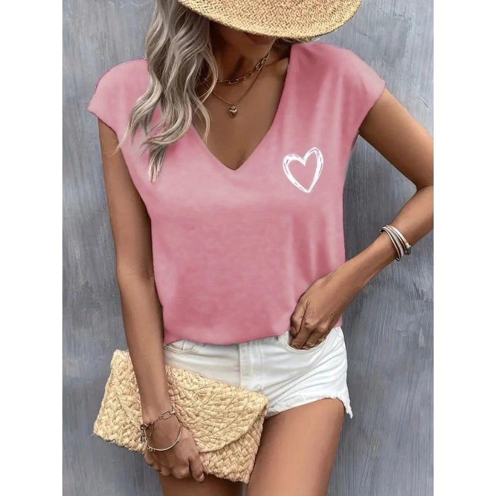 Kadın Kısa Kollu V Yakalı Kalp Baskılı Viskon Bluz